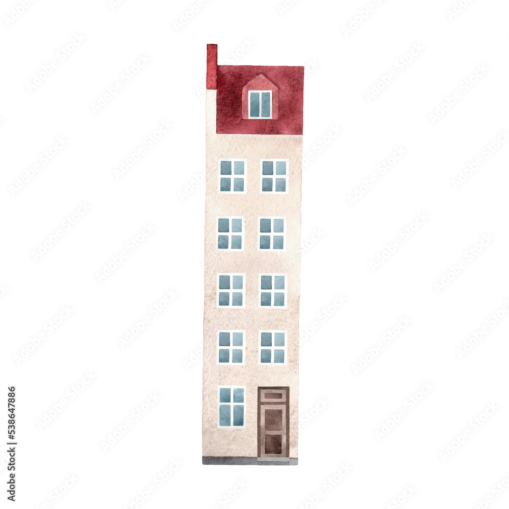 Watercolor hand drawn illustration of old town beige block house with a red roof. Isolated buildings on white background. Watercolor hand drawn illustration of old town beige block house with a red roof. Isolated buildings on white background.