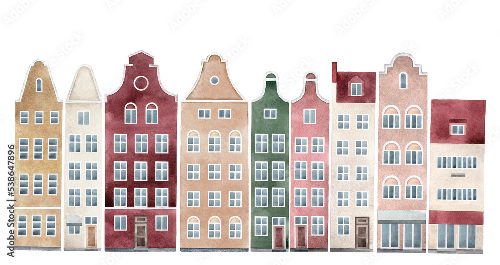 Watercolor hand drawn illustration of old town houses panorama. Isolated buildings on white background.