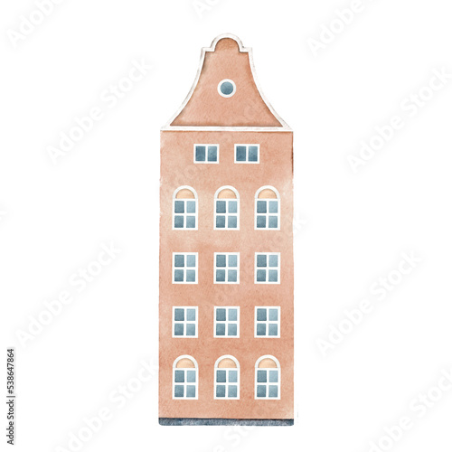 Watercolor hand drawn illustration of old town brown blocked house. Isolated buildings on white background.