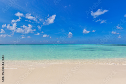 Freedom beach. Closeup white sand, calm blue sea, sunny sky. Seascape horizon. Beautiful outdoor nature scenic, tropical Mediterranean ocean shore. Beautiful tranquil coastline, relax island paradise.