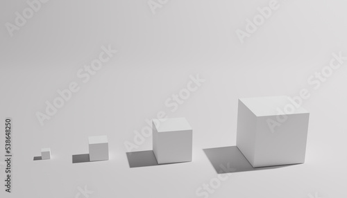 3d-rendering of four white cubes with different sizes in front of a white background