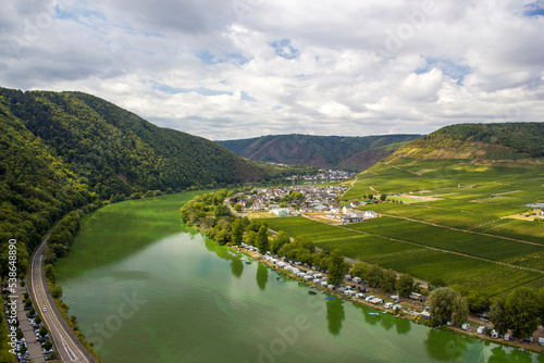 Aerial view of the Moselle valley with vineyards