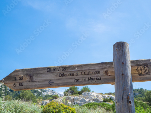 Marseille, France - May 20th 2022: A hiking sign towards the Calanques coast.