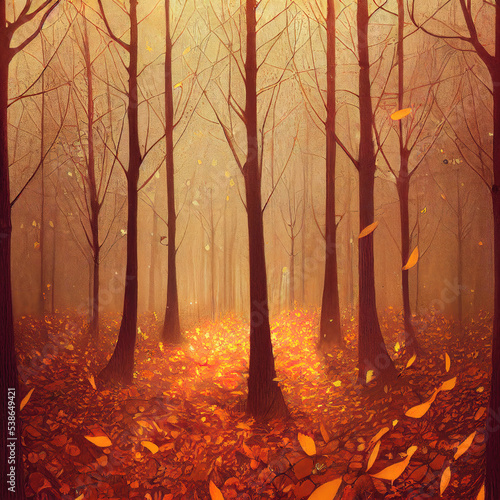 beautiful autumn scene with falling leaves, brown scene illustration