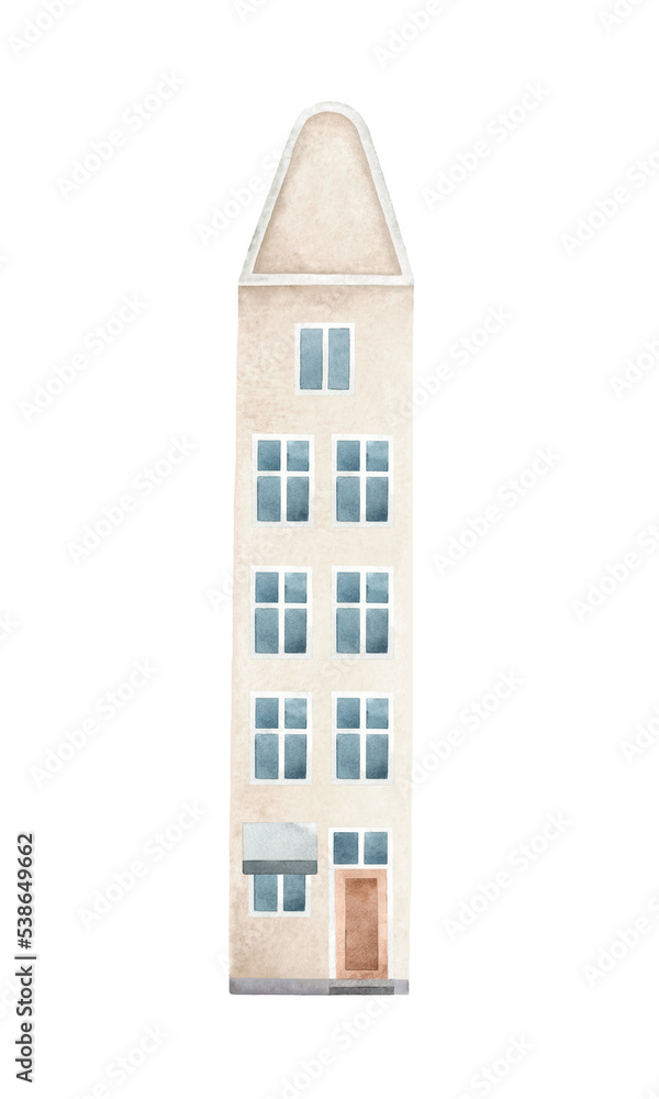 Watercolor hand drawn illustration of old town beige block house. Isolated buildings on transparent background. Watercolor hand drawn illustration of old town beige block house. Isolated buildings on transparent background.