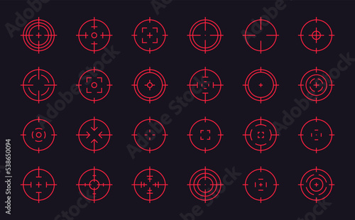 Target aim icon set. Crosshair or sight icons. Aiming to bullseye signs. Sniper aim and scope. HUD technology aiming. Focus sign in circle. Vector illustration.