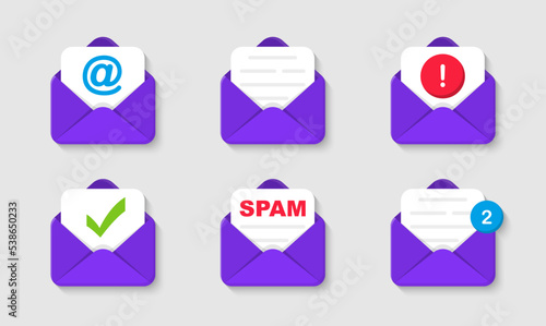Set of mail and email envelopes. Opened envelope with a document. Letter in envelope. Incoming new message. Spam email. Envelope with approved document. Vector illustration.