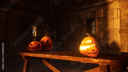 Halloween Pumpkins in epic scene. showcase proudact Background. 3D render (ID: 538650268)