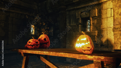 Halloween Pumpkins in epic scene. showcase proudact Background. 3D render (ID: 538650286)