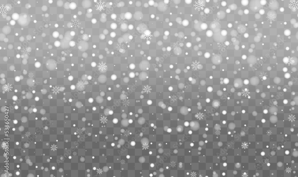 Falling Christmas snow. Realistic falling snowflakes. Heavy snowfall. Winter background with snow confetti. Flying snow flakes. Christmas winter design. Vector illustration.