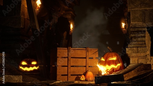 Halloween Pumpkins in epic scene. showcase proudact Background. 3D render (ID: 538650418)