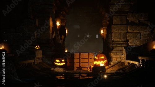 Halloween Pumpkins in epic scene. showcase proudact Background. 3D render (ID: 538650423)