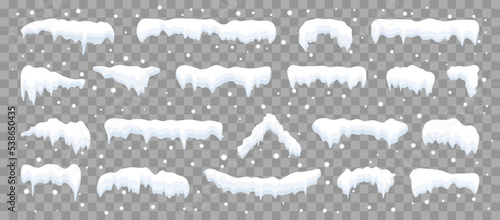 Snow caps set. White snow caps, snowball, snowdrifts, snow pile and icicles. Snowy elements on winter background. Winter elements decorations. Christmas elements. Vector illustration.