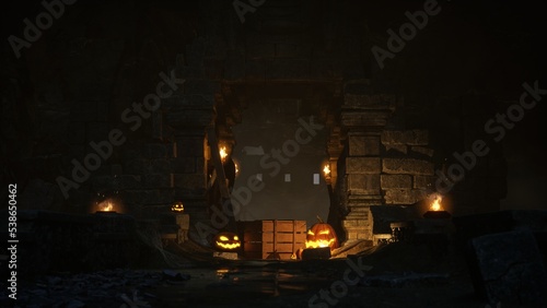 Halloween Pumpkins in epic scene. showcase proudact Background. 3D render (ID: 538650462)