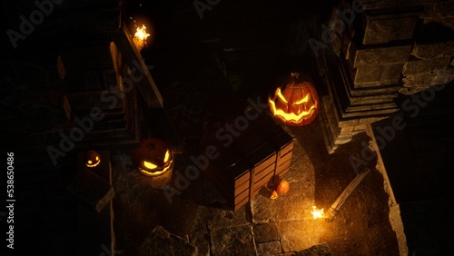 Halloween Pumpkins in epic scene. showcase proudact Background. 3D render (ID: 538650486)