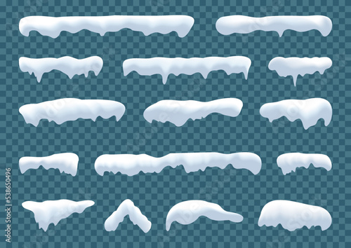 Realistic snow caps set. White snow caps, snowball, snowdrifts and snow piles. Snowy elements on winter background. Winter elements decorations. Christmas elements. Vector illustration.