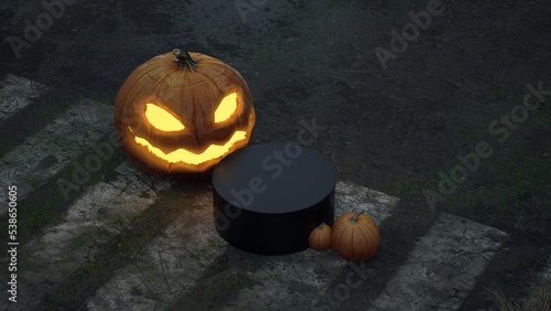 Halloween Pumpkins in epic scene. showcase proudact Background. 3D render (ID: 538650605)