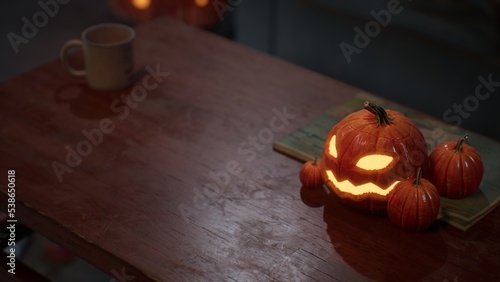 Halloween Pumpkins in epic scene. showcase proudact Background. 3D render (ID: 538650618)