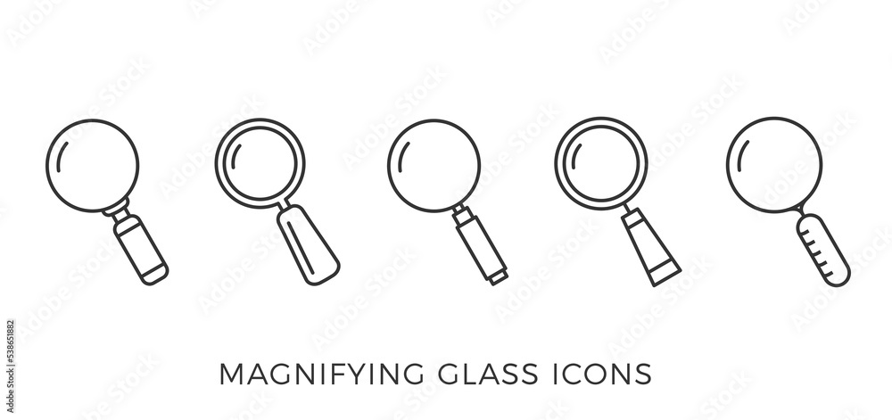 Five magnifying glass icons on white background Five magnifying glass icons on white background
