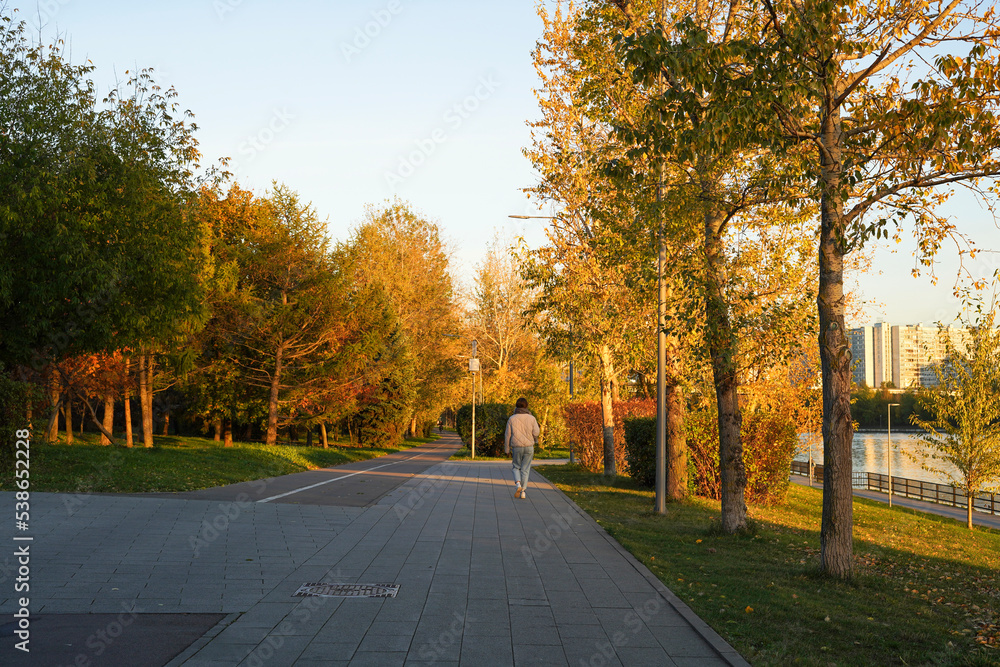 Woman walking in the autumn park with colorfeul foliage in sunset