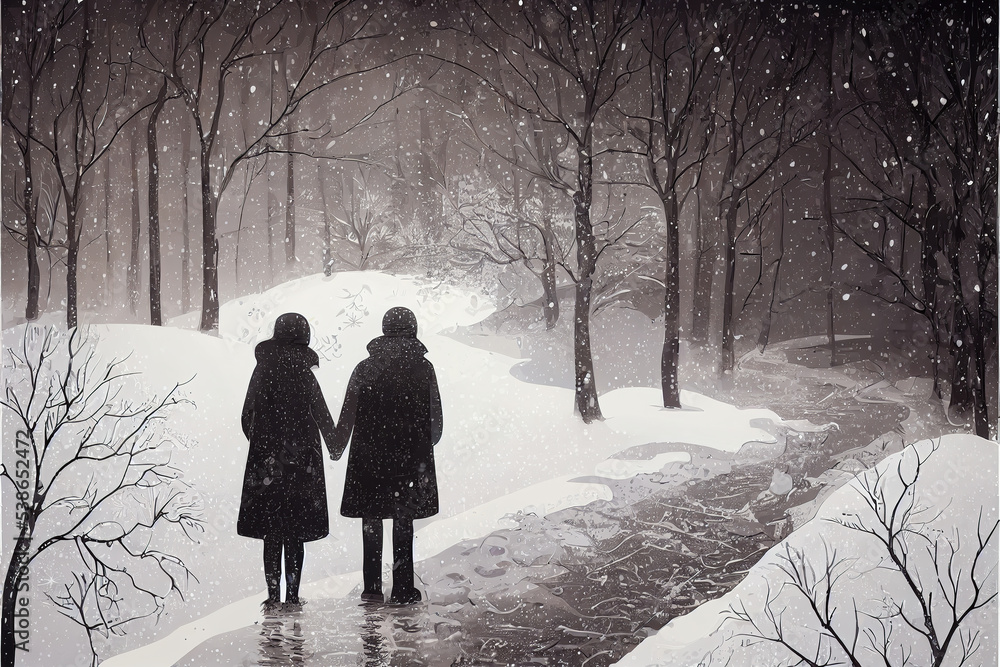a couple in winter, lovely couple scene, black and white