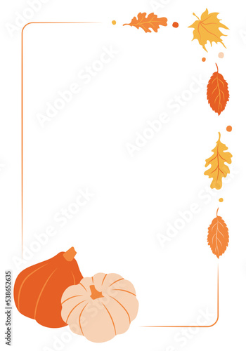 Elegant rectangle frame, garland, wreath or border made of colorful fallen oak, maple, and linden leaves with pumpkins. Natural decorative vector illustration in modern flat style.