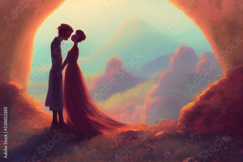 a couple hand in hand at a cage view with a beautiful landscape, cartoon art