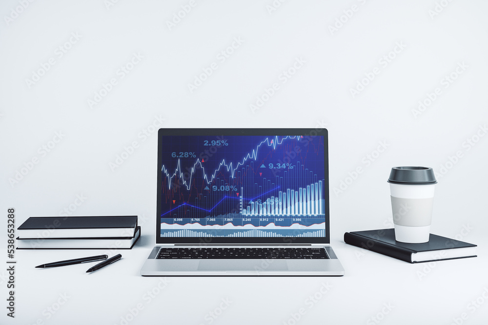 Modern computer screen with abstract financial diagram, banking and accounting concept. 3D Rendering Modern computer screen with abstract financial diagram, banking and accounting concept. 3D Rendering