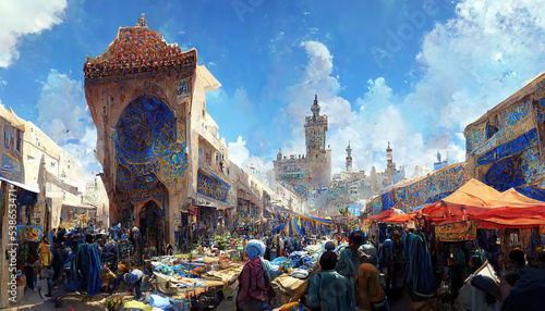 AI generated image on a busy market in medieval Morocco 