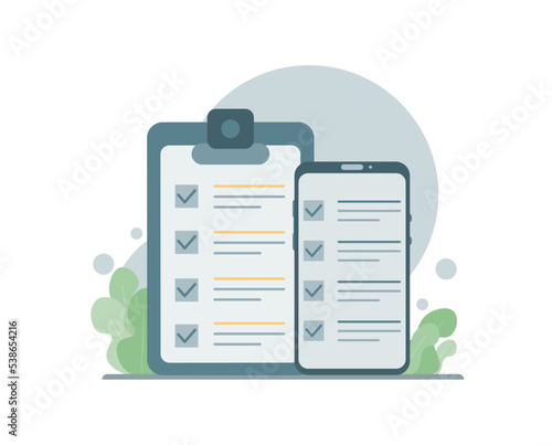 Mobile smart phone with сhecklist app. Successful completion of business tasks. To-do list and planning project. Vector Illustrations