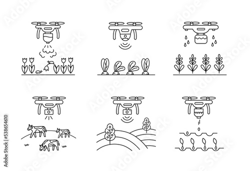 Agriculture drone vector line icon set