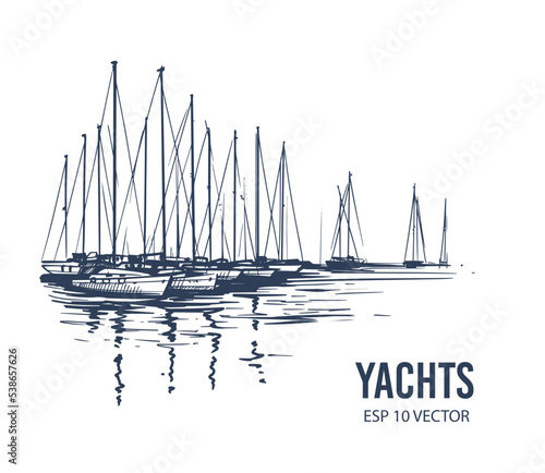 Yachts on the water. Hand drawn vector sketch illustration