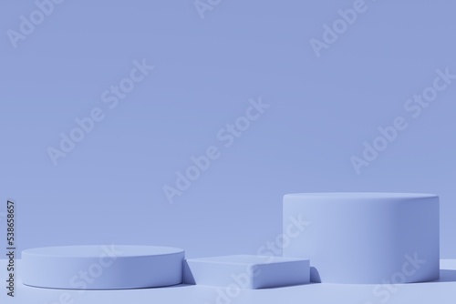 Three round and square podiums on a blue background  3d render
