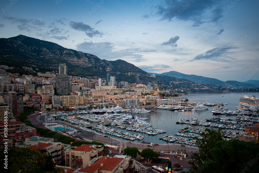 Monaco Monte Carlo, Port and marina at night, aerial view 
