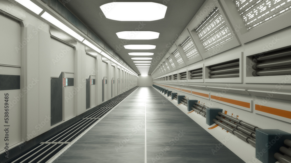 3d render. Futuristic spaceship corridor interior