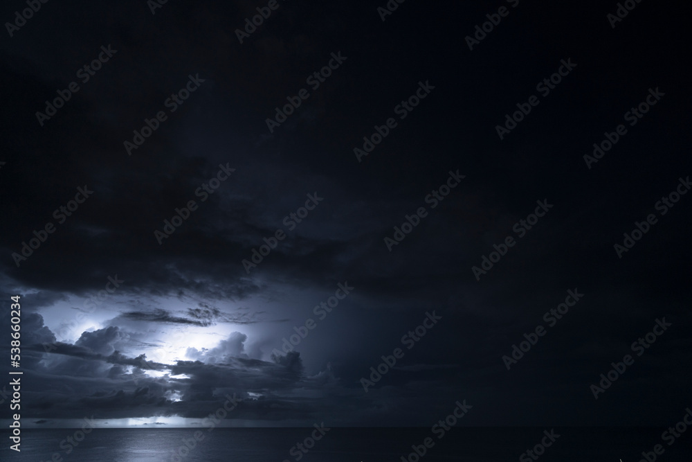 Nightshot: flashes of lightning in thunderstorm scenery around Curacao, the Caribbean