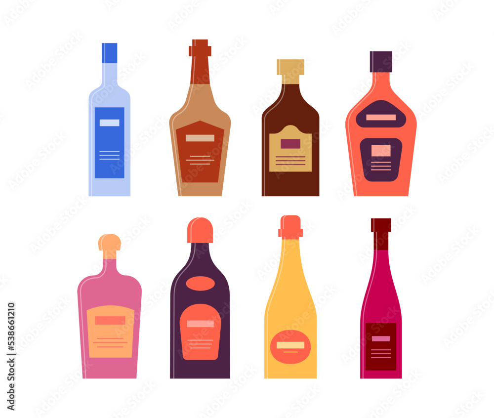 Set bottles of vodka whiskey rum cream liquor balsam champagne wine. Icon bottle with cap and label. Graphic design for any purposes. Flat style. Color form. Party drink concept. Simple image shape Set bottles of vodka whiskey rum cream liquor balsam champagne wine. Icon bottle with cap and label. Graphic design for any purposes. Flat style. Color form. Party drink concept. Simple image shape