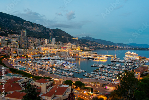 Monaco Monte Carlo, Port and marina at night, aerial view 