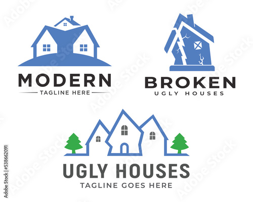 Broken ugly houses modern logo, Broken house icon vector. Trendy flat broken house icon from meteorology collection isolated on white background with modern 
