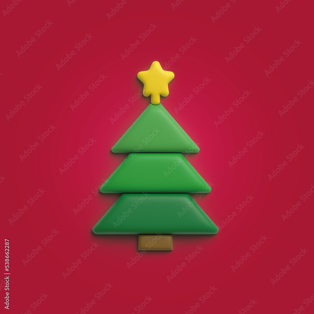 Christmas tree. New Year's holiday decor. Abstract minimal decorative festive conical shape tree. Realistic 3d Material design In cartoon style. Icon isolated on red background. illustration