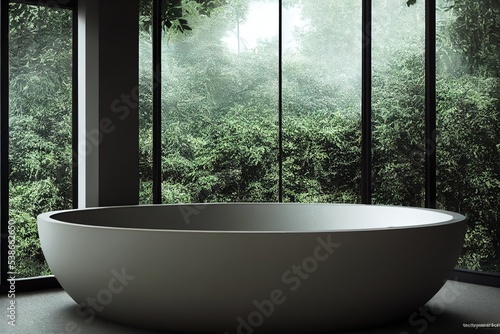Front view of dark bathroom interior with bathtub, with gray walls and concrete floor. 3d rendering