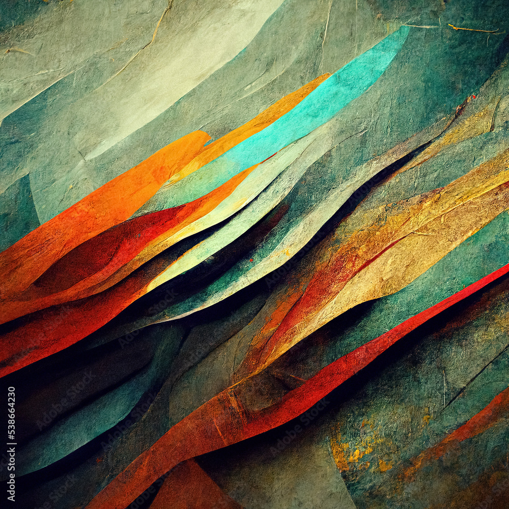 Abstract colorful background with color splashes grainy texture digital painting with orange, teal, green, blue, dark blue, brown colors wavy pattern, design template with copy space for text
