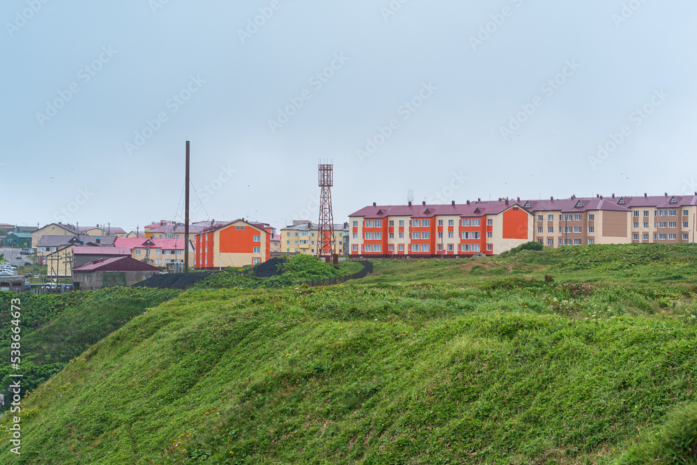 view of the town of Yuzhno-Kurilsk on the island of Kunashir