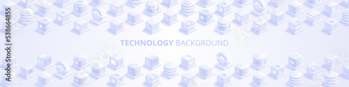 Technology background. Abstract futuristic cubes design and different geometric shapes. Digital innovation and artificial intelligence. Blockchain tech. Vector illustration in isometric view