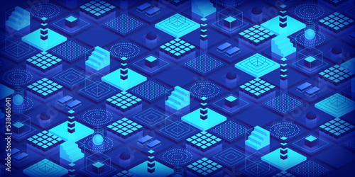 Abstract technology background Blockchain concept banner Futuristic information Isometric digital blocks connection with each other and shapes crypto chain Transferring of big data Vector illustration