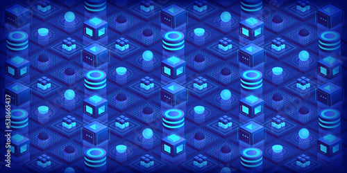 Abstract futuristic isometric background Technology connection digital data and big data concept Block chain technology with polygonal shapes on dark blue Illustration vector design digital concept