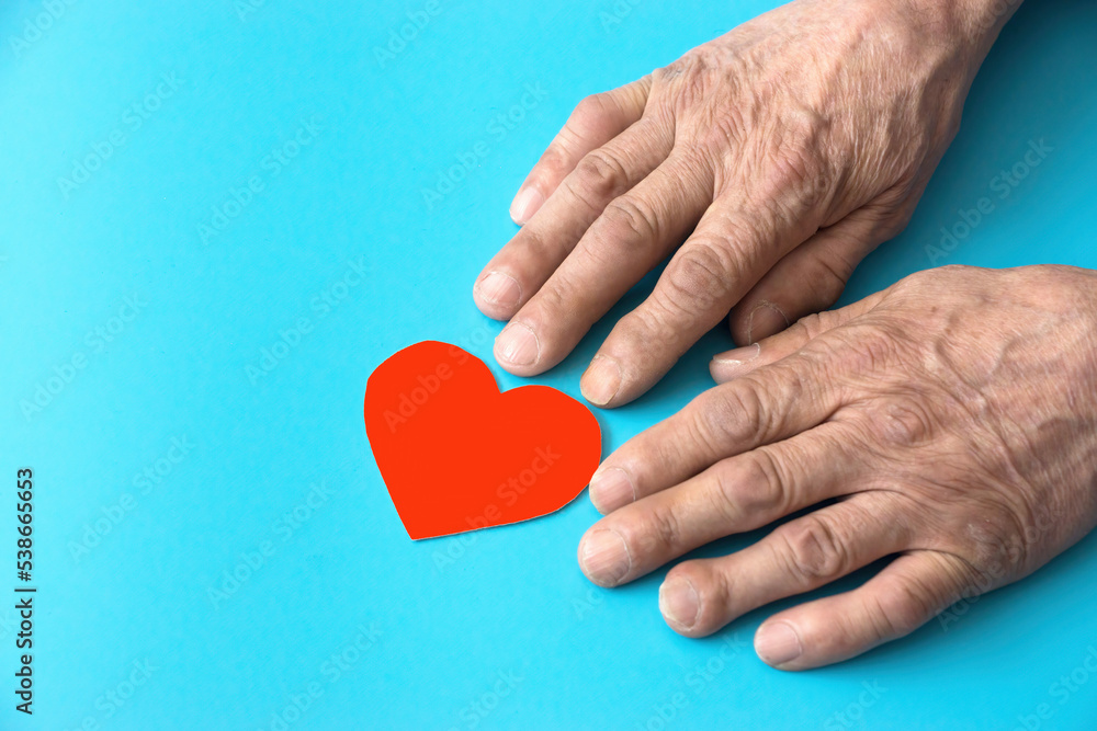 hands of an old man heart red paper-cut on a blue background. Love for elderly parents concept. caring for the elderly. Retired heart health
