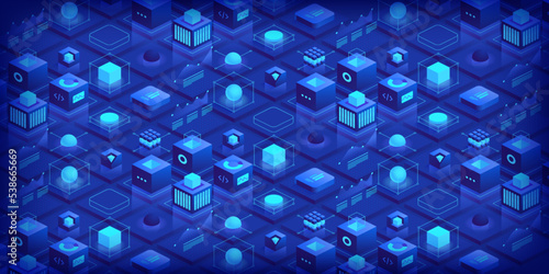 Abstract technology background. Blockchain concept banner. Isometric digital blocks connection with each other crypto chain. Blocks and cubes engineering innovations design. Vector illustration