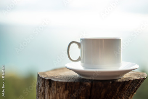 White cup of black coffee on the nature background