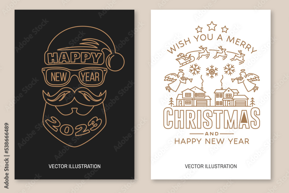 Merry Christmas and Happy New Year flyer, brochure, banner, poster with angels, santa claus in sleigh with deer and christmas gifts. Vector. Line art design for xmas, new year emblem in retro style.